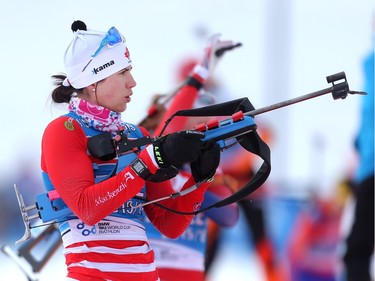 Team Canada member Rosanna Crawford  of Canmore eyes her targets before shooting on the range during training for the BMW IBU World Cup Biathlon Tuesday February 2, 2016 at the Canmore Nordic Centre. (Ted Rhodes/Postmedia)