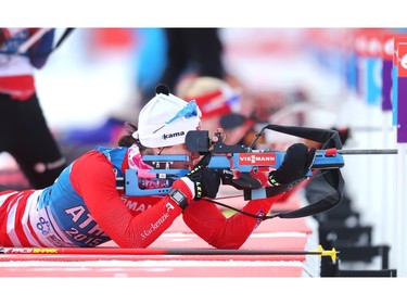 Team Canada member Rosanna Crawford  of Canmore shoots on the range during training for the BMW IBU World Cup Biathlon Tuesday February 2, 2016 at the Canmore Nordic Centre. (Ted Rhodes/Postmedia)
