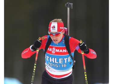 Team Canada's Zina Kocher skis the course during training for the BMW IBU World Cup Biathlon Tuesday February 2, 2016 at the Canmore Nordic Centre. (Ted Rhodes/Postmedia)