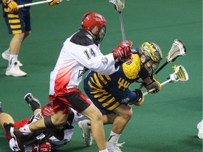 The Calgary Roughnecks' Wesley Berg, right and Tyler Digby chase down the Georgia Swarm's Chad Tutton during National Lacrosse League action at the Scotiabank Saddledome in Calgary on Saturday, Feb. 6, 2016.