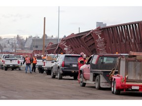 The scene of a train derailment at 15th St and 9th Ave S.E. this morning. Leah Hennel/Postmedia