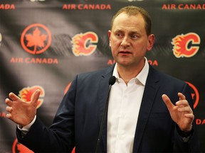 Calgary Flames GM Brad Treliving speaks to the media in Calgary on Saturday, Feb. 27, 2016,  regarding the trade of Jiri Hudler to Florida  Panthers for a second round pick in 2016 and a fourth in 2018.