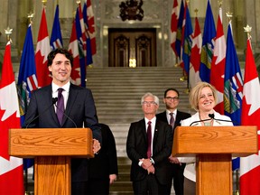 Prime Minister Justin Trudeau and Alberta Premier Rachel Notley speak to media after meeting in Edmonton Alta, on Wednesday February 3, 2016.