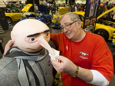 Derek Eccles of the Alberta Mustangs Auto Club wipes Gru's nose during the World of Wheels show at the BMO Centre in Calgary, Alta., on Saturday, Feb. 20, 2016. The popular auto-enthusiast show is in its 50th year. Lyle Aspinall/Postmedia Network