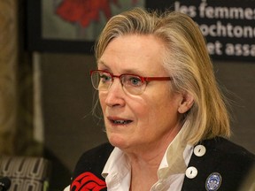 Carolyn Bennett, Minister of Indigenous and Northern Affairs, speaks at a press conference after a stop on the Missing and Murdered Indigenous Women and Girls fact-finding mission in Calgary on Friday February 12, 2016.