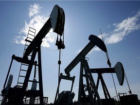 Pumpjacks pump crude oil near Halkirk, Alberta.