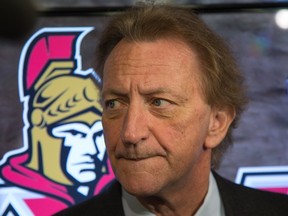 Sens owner Eugene Melnyk talks to reporters as the Ottawa Senators announce a program of looking for hockey artifacts to be donated or loaned to the club for the 2017 hockey season.  Assignment - 123202 (Wayne Cuddington) ORG XMIT: POS1603221115564363