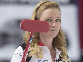 Team Canada skip Chelsea Carey reacts to her shot during the 13th draw against Korea at the Women's World Curling Championship in Swift Current, Sask. on March 23, 2016.