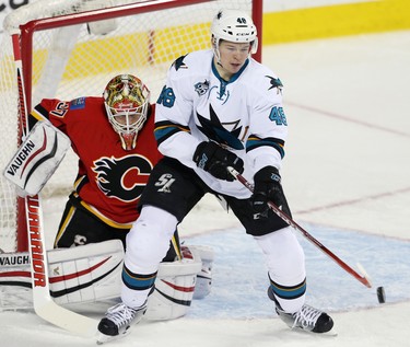 San Jose Sharks Tomas Hertl looks the tip the puck past Joni Ortio of the Calgary Flames during NHL hockey in Calgary, Alta., on Monday, March 7, 2016. AL CHAREST/POSTMEDIA