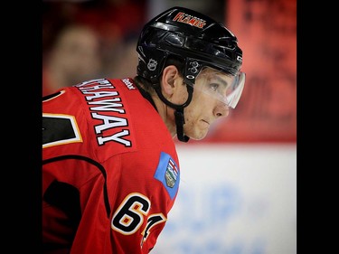 Calgary Flames Garnet Hathaway during the pre-game skate before playing the San Jose Sharks in NHL hockey in Calgary, Alta., on Monday, March 7, 2016. AL CHAREST/POSTMEDIA