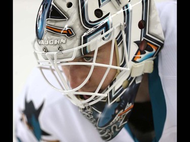 San Jose Sharks Martin Jones during the pre-game skate before playing the Calgary Flames in NHL hockey in Calgary, Alta., on Monday, March 7, 2016. AL CHAREST/POSTMEDIA