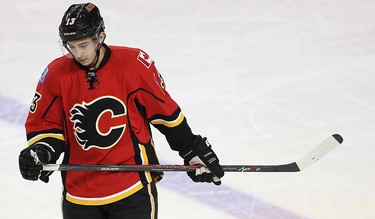 Calgary Flames Johnny Gaudreau during a break in play while facing the Ottawa Senators in NHL hockey in Calgary, Alta. on Monday March, 7, 2016. AL CHAREST/POSTMEDIA