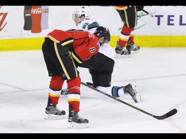 Calgary Flames Joe Colborne frustrated after another save by San Jose Sharks goalie Martin Jones in NHL hockey action at the Scotiabank Saddledome in Calgary, Alta. on Monday March 7, 2016. The Flames lost to the Sharks 2-1 in OT. Mike Drew/Postmedia