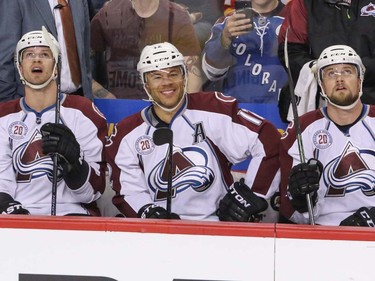 Colorado Avalanche Jerome Iginla smiles for the crowd against the Calgary Flames  in NHL hockey action at the Scotiabank Saddledome in Calgary, Alta. on Friday March 18, 2016.