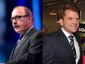 On the left, interim PC Leader Ric McIver. On the Right, Wildrose Party leader Brian Jean