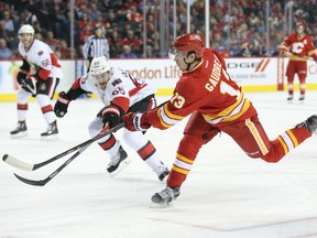 Johnny Gaudreau scores the first of his two goals in the second period during their NHL game against  the Ottawa Senators at the Scotiabank Saddledome on February 27.