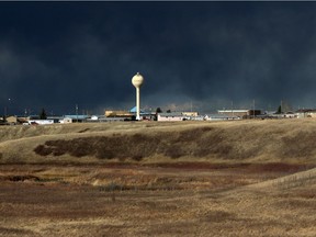 A spring snow storm blows into Standoff on the Blood Reserve in southern Alberta on March 16, 2016.