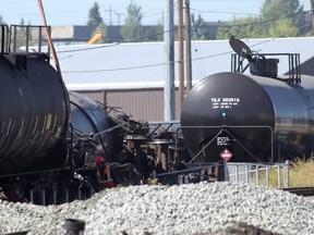 CALGARY, ALBERTA.: SEPTEMBER 03, 2016 — Two locomotives and three train cars derailed today in the Alyth rail yard. In 2013, seven train cars carrying flammable liquids derailed in the same rail yard.