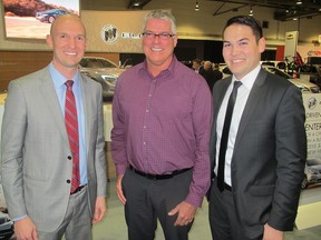 Pictured, from left,  at An Evening of Vehicles and Violins Gala, the kick-off to the Calgary Auto and Truck Show are Calgary Motor Dealers Association president Nate Clarke, CMP Auto service manager Rob Miller and CMP Auto  general manager Kyle Romeril.