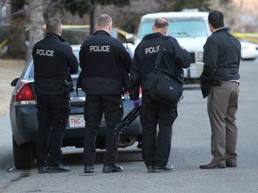 Police investigate a murder scene on the 100 block of Whiteview Road in Whitehorn Tuesday morning. A person was shot in the street at about 3:00 AM.