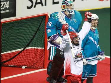 The Calgary Roughnecks' Wesley Berg celebrates scoring on the Rochester Knighthawks' Matt Vinc during National Lacrosse League action at the Scotiabank Saddledome in Calgary on Saturday March 5, 2016. Calgary lost 9-8 in overtime.