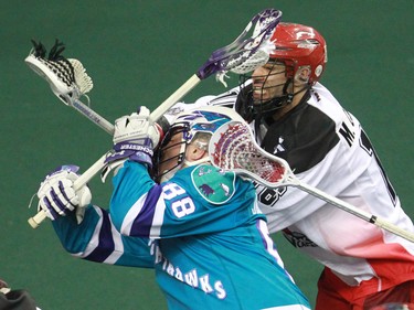 The Calgary Roughnecks' Mike Carnegie and Rochester Knighthawks' Cody Jamieson collide during National Lacrosse League action at the Scotiabank Saddledome in Calgary on Saturday March 5, 2016. Calgary lost 9-8 in overtime.