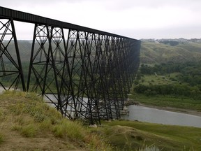 The Lethbridge train bridge over the river. People walking in the river valley have been noticing ticks.