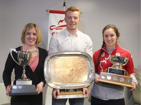 Calgary Booster Club athletes of the year (L-R) Special Olympian Calgary Katie Saunders, UC Dinos QB Andrew Buckley and Olympic cyclist Monique Sullivan were presented with respective trophies in Calgary, Alta at a press conference on Tuesday March 8, 2016.