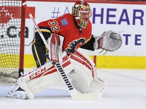 Calgary Flames backup goalie Niklas Backstrom warms up before the Flames game against the Colorado Avalanche in NHL hockey action at the Scotiabank Saddledome in Calgary on Friday, March 18, 2016.