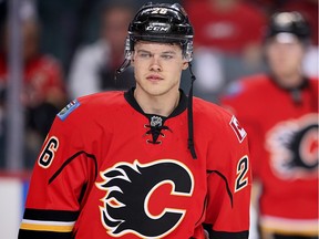 Calgary Flames Tyler Wotherspoon during the pre-game skate before playing the Vancouver Canucks in NHL hockey in Calgary on Feb. 19, 2016.
