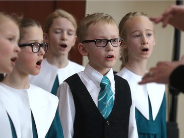 The Cantare Children's Choir, including, in the front row, Chloe Courtnage, Rebecca Zivot, Nelson MacKay and  ShelbyLake, sing at the Mayor's Lunch for Arts Champions Wednesday March 16, 2016 at the BMO Centre. Their performance was part of the Telus Youth Arts Showcase of 150 music, dance and multi-media artists under 21 which opened the event. The awards are organized by Calgary Arts Development recognizing seven legacy artist award winners.