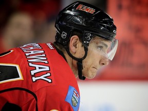 Calgary Flames Garnet Hathaway during the pre-game skate before playing the San Jose Sharks on Monday, March 7, 2016.