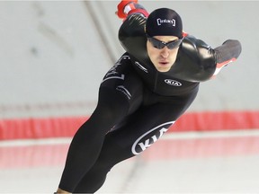 Denny Morrison competes in the Olympic Oval Final Thursday March 17, 2016, his first race since injuring himself in a motorcycle accident last year. (Ted Rhodes/Postmedia)