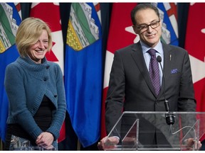 Premier Rachel Notley and Finance Minister Joe Ceci take media questions following a meeting with Calgary business and not-for profit community leaders Friday March 18, 2016, in advance of the 2016 budget at McDougall Centre.
