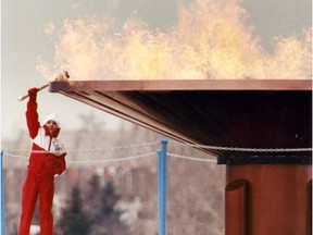 The Calgary Olympic Cauldron being lit in 1988.