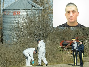 RCMP investigators mark and gather evidence outside of an acreage in Eckville after the 2006 slaying of Bradley Webber. Inset: Kevin Brown wanted by police on a murder charge in the case.