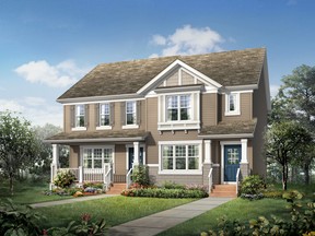 An artist's rendering of the front exterior of the Bentley duplex mode by Homes by Avi in the community of Auburn Bay.