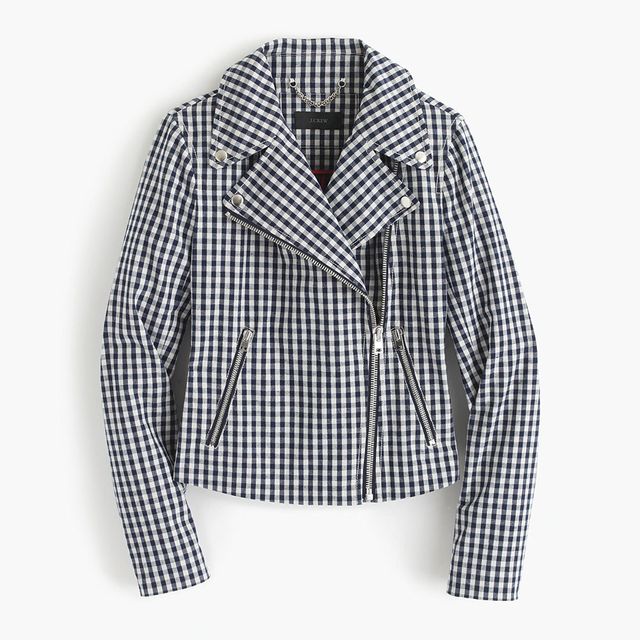 speed check J.Crew has given the leather moto jacket a seasonal update in gingham. $234 at J.Crew, Market Mall, 403-286-1776, jcrew.com. 