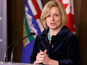 Alberta Premier Rachel Notley speaks to the media after a speech to the Alberta Association Of Municipal Districts and Counties convention at the Shaw Conference Centre in Edmonton on Tuesday, March 15, 2016. She spoke about the economy, the oil industry, the provincial budget, and collaborating with rural leaders on agricultural and political issues specific to their regions. (Photo by Ian Kucerak.)