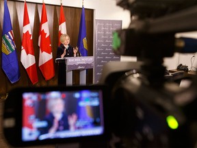 Alberta Premier Rachel Notley speaks to the media after a speech to the Alberta Association Of Municipal Districts and Counties convention at the Shaw Conference Centre in Edmonton on Tuesday, March 15, 2016. She spoke about the economy, the oil industry, the provincial budget, and collaborating with rural leaders on agricultural and political issues specific to their regions. (Photo by Ian Kucerak.)