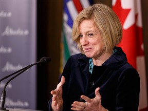 Alberta Premier Rachel Notley speaks to the media after a speech to the Alberta Association Of Municipal Districts and Counties convention at the Shaw Conference Centre in Edmonton on Tuesday, March 15, 2016. She spoke about the economy, the oil industry, the provincial budget, and collaborating with rural leaders on agricultural and political issues specific to their regions. (Photo by Ian Kucerak.)