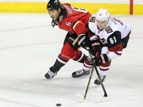 Calgary Flames' Dennis Wideman, left, and Arizona Coyotes Sergei Plotnikov battle for the puck during Arizona's 4-1 win at the Scotiabank Saddledome in Calgary, on Friday. Leah