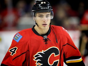 Calgary Flames Garnet Hathaway during the pre-game skate before playing the San Jose Sharks in NHL hockey in Calgary on Monday, March 7, 2016.
