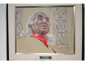Portrait of Chief Dan George by Robert Genn chosen by musicians 54-40 for the JUNO Tour of Canadian Art at the Glenbow.
