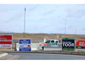 Campaign signs decorate the roadside on Falconridge Blvd NE   in Calgary on Tuesday, March 15, 2016 in preparation for the byelection in Calgary-Greenway.