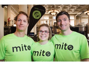 Dave Proctor, left, Ariel Fitzgerald, and Blaine Penny, all members of TeamMito, pose in Calgary, Ab, on Tuesday, March 29, 2016. In May, the team will attempt to undertake 6 Guinness World Record attempts in 24 hours during this year's Scotiabank Calgary Marathon Health & Wellness Expo. Elizabeth Cameron/Postmedia ORG XMIT: Speed trap