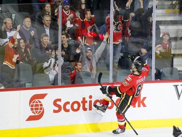 Michael Frolik of the Calgary Flames celebrates his second shorthanded goal on the St. Louis Blues in Calgary, Alta., on Monday, March 14, 2016. Lyle Aspinall/Postmedia Network