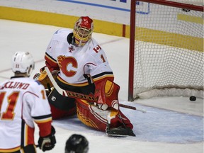 Calgary goalie Jonas Hiller allows a goal by Anaheim centre Brandon Pirri during the first period of the Flames' 8-3 loss to the Ducks at the Honda center on Wednesday. Hiller got the hook after allowing three goals on five shots.