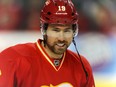 Calgary Flames David Jones during the pre-game skate before playing the Ottawa Senators in NHL hockey in Calgary on Saturday, Feb. 27, 2016.