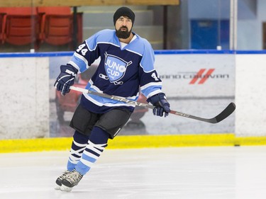 Beard Guy of Walk Off the Earth skates before a Juno Cup practice game at Max Bell Centre in Calgary, Alta., on Thursday, March 31, 2016. Musicians and former NHLers were prepping for the Juno Cup hockey game set for this Friday, part of events leading up to the Juno Awards on Sunday at the Saddledome. Lyle Aspinall/Postmedia Network